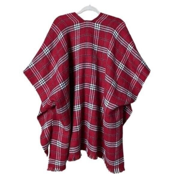 Loft Plaid Wrap Poncho Size XXL Academia Cabincore Preppy Red Holiday Bohemian - Picture 6 of 8